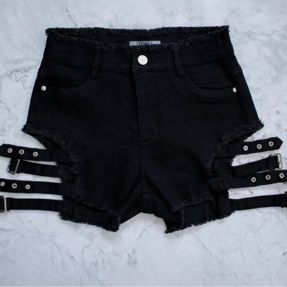 Black Jean Shorts with Adjustable Strap Details | Lychee the Label